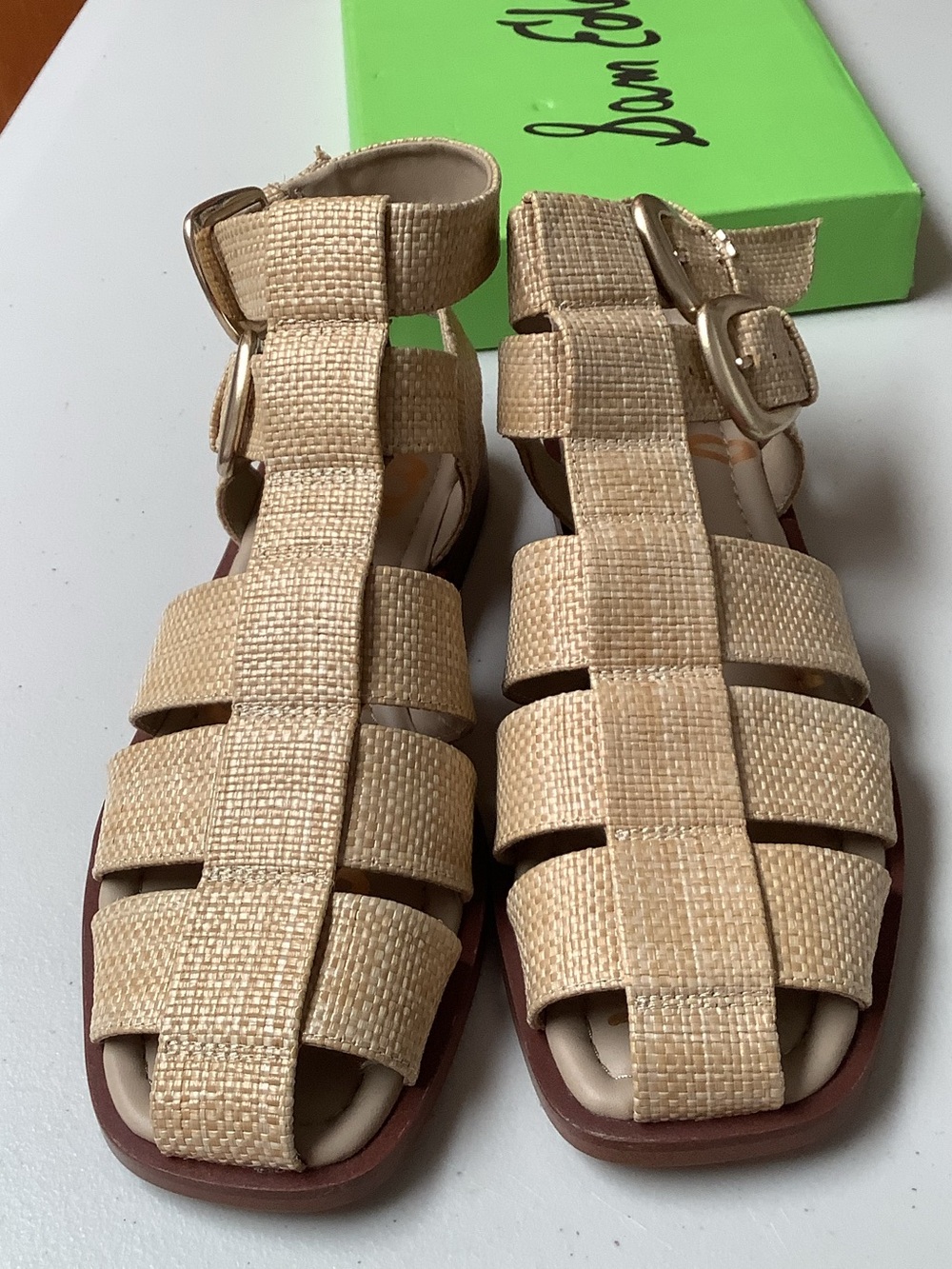 Sam Edelman Beige Woven Gladiator Sandals with 2 Buckle. 771